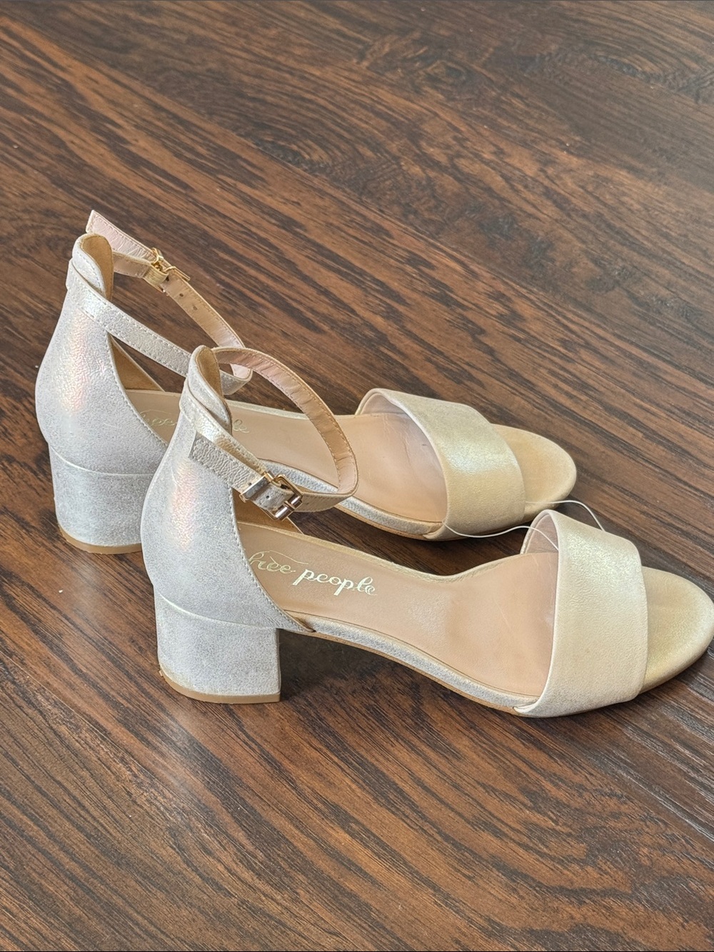 Free People Shimmery Metallic Marigold Open-Toe Ankle-Strap Block Heel Sandals - Picture 10 of 11